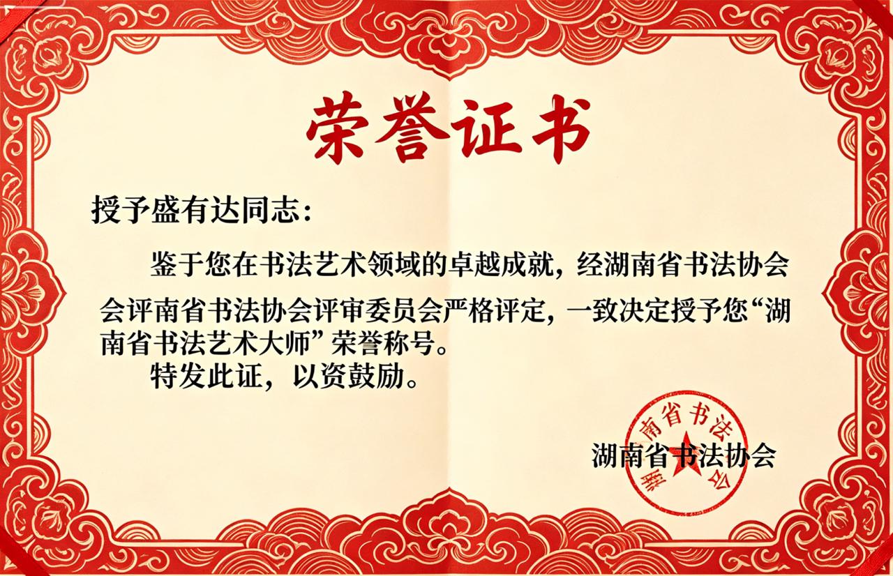 荣誉证书：湖南省书法艺术大师，盛有达，湖南省书法协会圆形公章，朱红饰框本式